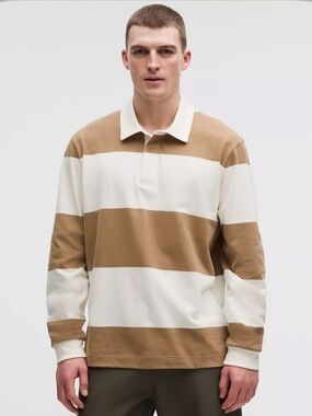 Lululemon Long Sleeve Cotton Rugby Shirt Wide Stripe Camel Brown Coco Ivory  NWT